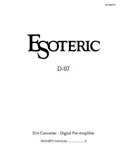 TEAC D-07 ESOTERIC DA CONVERTER DIGITAL PRE AMPLIFIER OWNER'S MANUAL 16 PAGES ENG