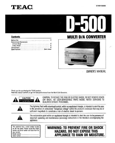 TEAC D-500 MULTI DA CONVERTER OWNER'S MANUAL INC CONN DIAG 8 PAGES ENG