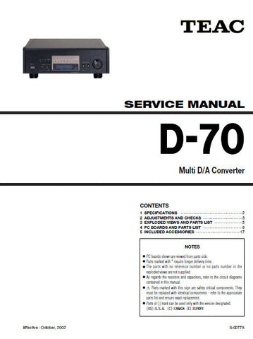 TEAC D-70 MULTI DA CONVERTER SERVICE MANUAL INC PCBS EXPL VIEWS AND PARTS LIST 17 PAGES ENG