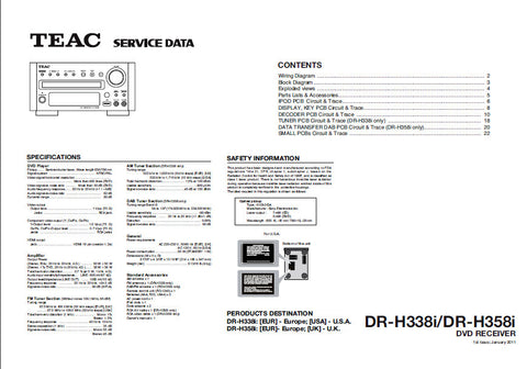 TEAC DR-H338i DR-H358i DVD RECEIVER SERVICE MANUAL INC BLK DIAG PCBS SCHEM DIAGS AND PARTS LIST 19 PAGES ENG