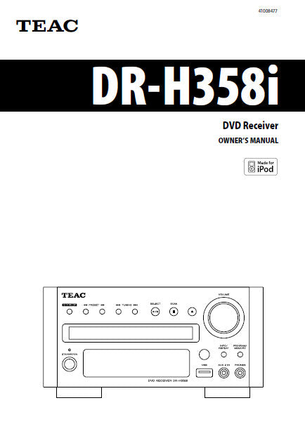 TEAC DR-H358i DVD RECEIVER OWNER'S MANUAL INC CONN DIAG AND TRSHOOT GUIDE 56 PAGES ENG
