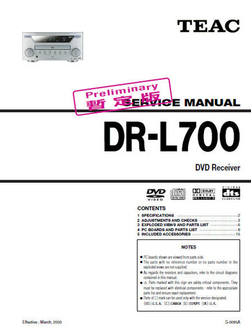 TEAC DR-L700 DVD RECEIVER SERVICE MANUAL INC PCBS EXPL VIEWS AND PARTS LIST 15 PAGES ENG