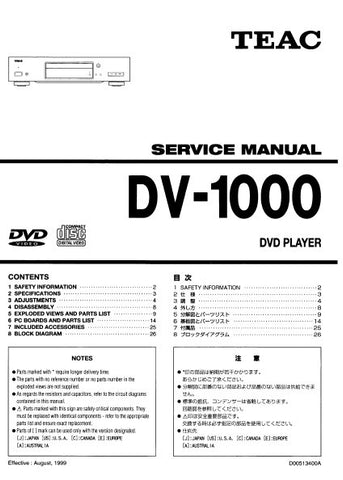 TEAC DV-1000 DVD PLAYER SERVICE MANUAL INC BLK DIAG PCBS SCHEM DIAGS AND PARTS LIST 61 PAGES ENG