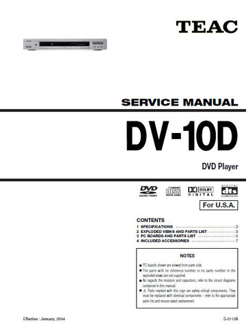 TEAC DV-10D DVD RECEIVER SERVICE MANUAL INC PCBS EXPL VIEWS AND PARTS LIST 7 PAGES ENG
