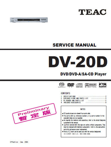 TEAC DV-20D DVD DVD-A CD SACD PLAYER SERVICE MANUAL INC PCBS EXPL VIEWS AND PARTS LIST 9 PAGES ENG