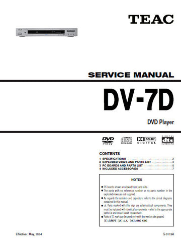 TEAC DV-7D DVD RECEIVER SERVICE MANUAL INC PCBS EXPL VIEWS AND PARTS LIST 7 PAGES ENG