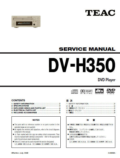 TEAC DV-H350 DVD PLAYER SERVICE MANUAL INC EXPL VIEWS AND PARTS LIST 9 PAGES ENG