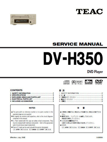 TEAC DV-H350 DVD PLAYER SERVICE MANUAL INC EXPL VIEWS AND PARTS LIST 9 PAGES ENG
