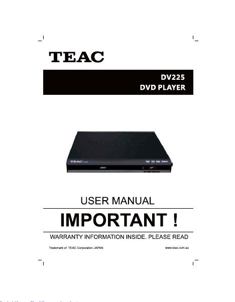 TEAC DV225 DVD PLAYER OWNER'S MANUAL INC CONN DIAG AND TRSHOOT GUIDE 20 PAGES ENG