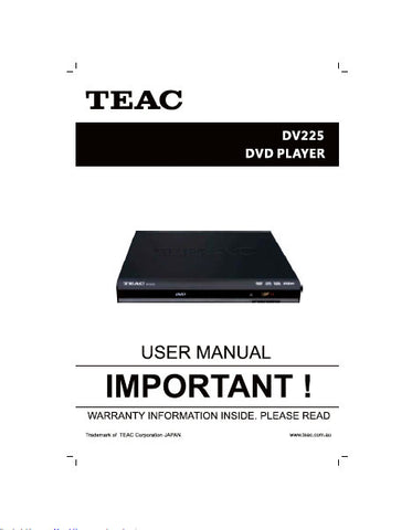 TEAC DV228 DVD PLAYER OWNER'S MANUAL INC CONN DIAG AND TRSHOOT GUIDE 19 PAGES ENG