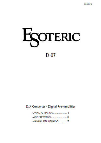 TEAC ESOTERIC D-07 DA CONVERTER DIGITAL PRE-AMPLIFIER OWNER'S MANUAL 16 PAGES ENG
