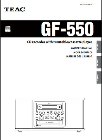 TEAC GF-550 CD RECORDER WITH TURNTABLE CASSETTE PLAYER OWNER'S MANUAL INC CONN DIAG AND TRSHOOT GUIDE 96 PAGES ENG FRANC ESP