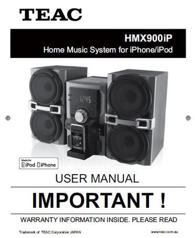 TEAC HMX900iP HOME MUSIC SYSTEM FOR iPHONE iPOD USER MANUAL 22 PAGES ENG