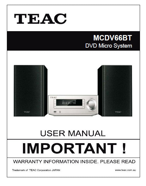 TEAC MCDV66BT DVD MICRO SYSTEM USER MANUAL INC CONN DIAG AND TRSHOOT GUIDE 31 PAGES ENG