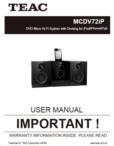 TEAC MCDV72iP DVD MICRO HIFI SYSTEM USER MANUAL INC CONN DIAG 16 PAGES ENG