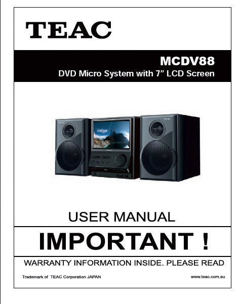 TEAC MCDV88 DVD MICRO SYSTEM USER MANUAL INC CONN DIAG AND TRSHOOT GUIDE 31 PAGES ENG