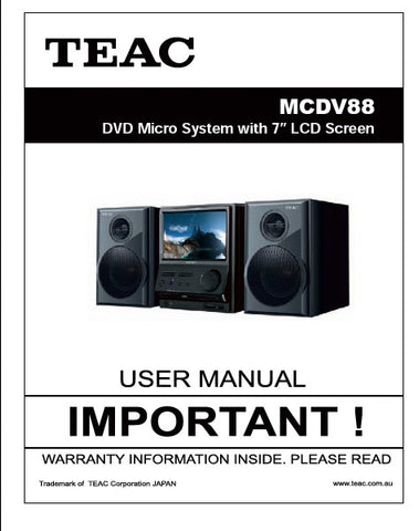 TEAC MCDV88 DVD MICRO SYSTEM USER MANUAL INC CONN DIAG AND TRSHOOT GUIDE 31 PAGES ENG