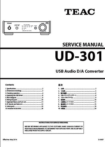 TEAC UD-301 USB AUDIO DA CONVERTER SERVICE MANUAL INC BLK DIAG PCBS WIRING DIAG AND PARTS LIST 20 PAGES ENG