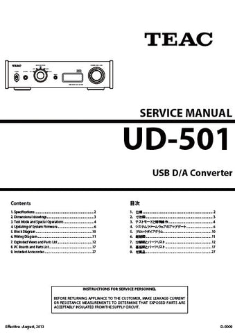 TEAC UD-501 USB DA CONVERTER SERVICE MANUAL INC BLK DIAG PCBS SCHEM DIAGS AND PARTS LIST 42 PAGES ENG
