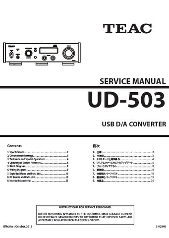 TEAC UD-503 USB DA CONVERTER SERVICE MANUAL INC BLK DIAG PCBS SCHEM DIAGS AND PARTS LIST 25 PAGES ENG