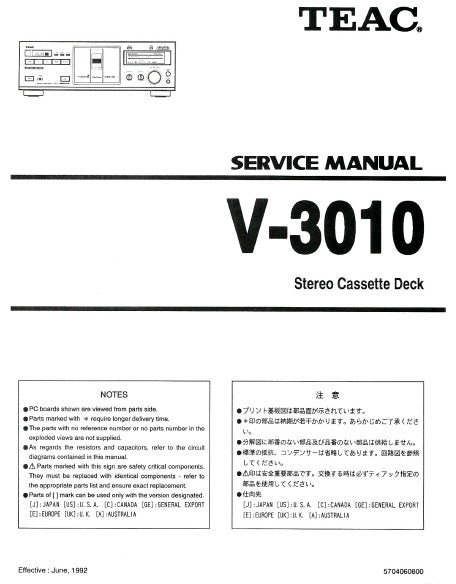 TEAC V-3010 STEREO CASSETTE DECK SERVICE MANUAL INC PCBS SCHEM DIAGS AND PARTS LIST 22 PAGES ENG