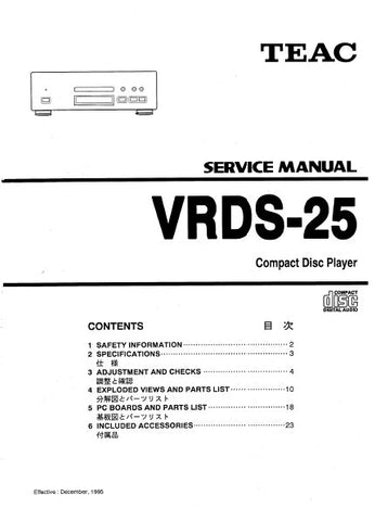 TEAC VRDS-25 CD PLAYER SERVICE MANUAL INC PCBS SCHEM DIAGS AND PARTS LIST 26 PAGES ENG