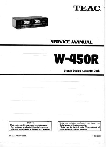 TEAC W-450R STEREO DOUBLE CASSETTE DECK SERVICE MANUAL INC PCBS SCHEM DIAGS AND PARTS LIST 33 PAGES ENG