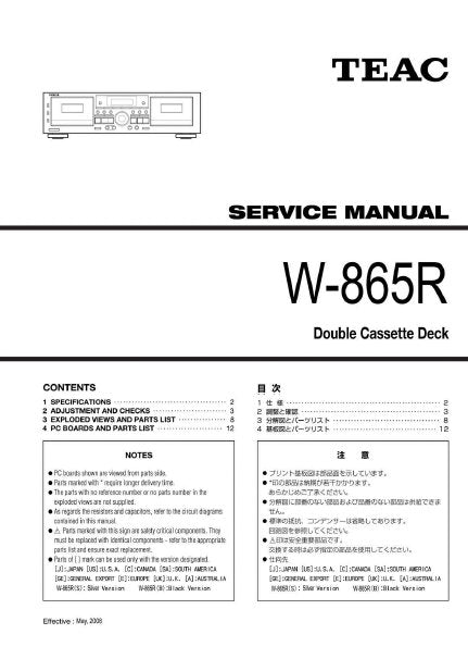 TEAC W-865R DOUBLE CASSETTE DECK SERVICE MANUAL INC PCBS AND PARTS LIST 17 PAGES ENG