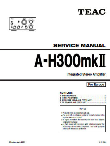 TEAC A-H300MKII INTEGRATED STEREO AMPLIFIER SERVICE MANUAL INC BLKDIAG PCBS SCHEM DIAGS AND PARTS LIST 65 PAGES ENG