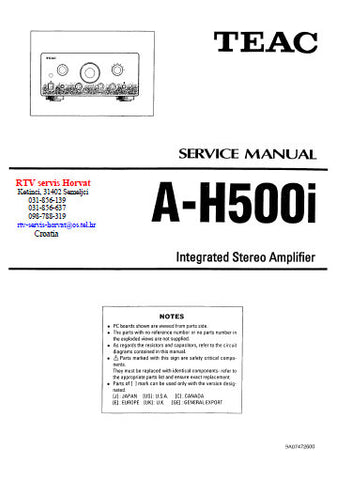 TEAC A-H500i INTEGRATED STEREO AMPLIFIER SERVICE MANUAL INC BLK DIAG PCBS SCHEM DIAGS AND PARTS LIST 27 PAGES ENG