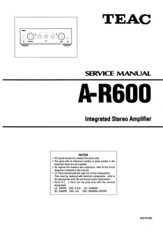 TEAC A-R600 INTEGRATED STEREO AMPLIFIER SERVICE MANUAL INC BLK DIAG PCBS SCHEM DIAGS AND PARTS LIST 15 PAGES ENG
