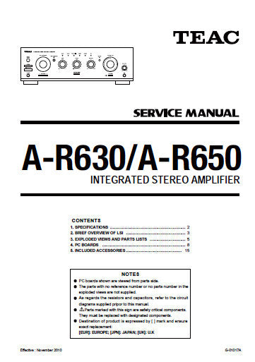 TEAC A-R630 A-R650 INTEGRATED STEREO AMPLIFIER SERVICE MANUAL INC BLK DIAG PCBS SCHEM DIAGS AND PARTS LIST 31 PAGES ENG