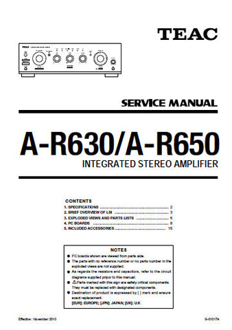 TEAC A-R630 A-R650 INTEGRATED STEREO AMPLIFIER SERVICE MANUAL INC BLK DIAG PCBS SCHEM DIAGS AND PARTS LIST 31 PAGES ENG