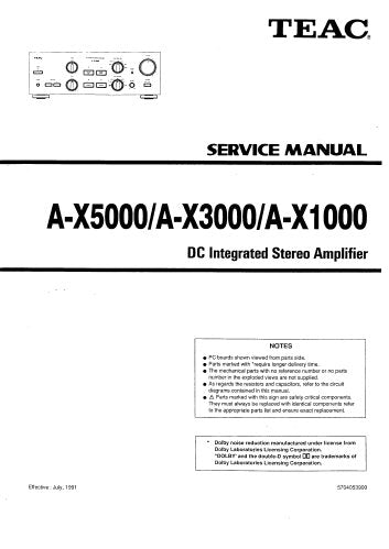 TEAC A-X1000 A-X3000 A-X5000 DC INTEGRATED STEREO AMPLIFIER SERVICE MANUAL INC BLK DIAG PCBS SCHEM DIAGS AND PARTS LIST 19 PAGES ENG