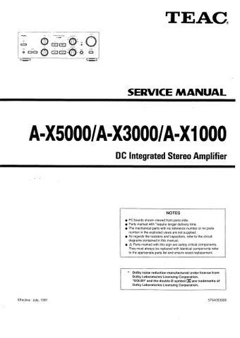 TEAC A-X1000 A-X3000 A-X5000 DC INTEGRATED STEREO AMPLIFIER SERVICE MANUAL INC BLK DIAG PCBS SCHEM DIAGS AND PARTS LIST 19 PAGES ENG