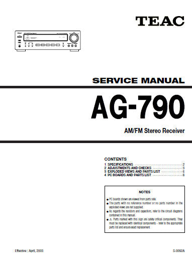 TEAC AG-790 AM FM STEREO RECEIVER SERVICE MANUAL INC PCBS SCHEM DIAGS AND PARTS LIST 16 PAGES ENG