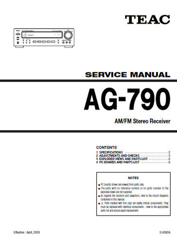 TEAC AG-790 AM FM STEREO RECEIVER SERVICE MANUAL INC PCBS SCHEM DIAGS AND PARTS LIST 16 PAGES ENG