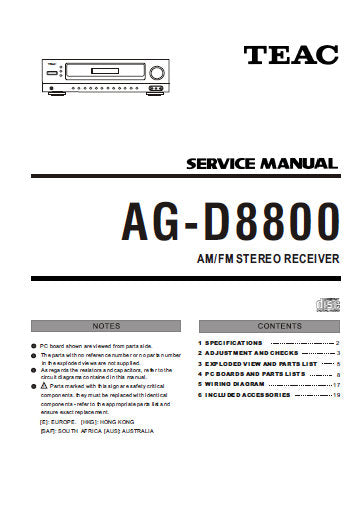 TEAC AG-D8800 AM FM STEREO RECEIVER SERVICE MANUAL INC PCBS SCHEM DIAGS AND PARTS LIST 27 PAGES ENG