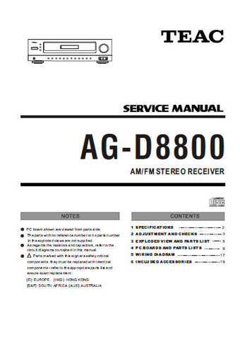 TEAC AG-D8800 AM FM STEREO RECEIVER SERVICE MANUAL INC PCBS SCHEM DIAGS AND PARTS LIST 27 PAGES ENG