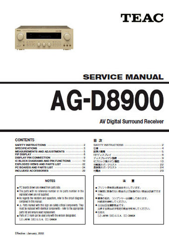 TEAC AG-D8900 AV DIGITAL SURROUND RECEIVER SERVICE MANUAL INC PCBS SCHEM DIAGS AND PARTS LIST 32 PAGES ENG