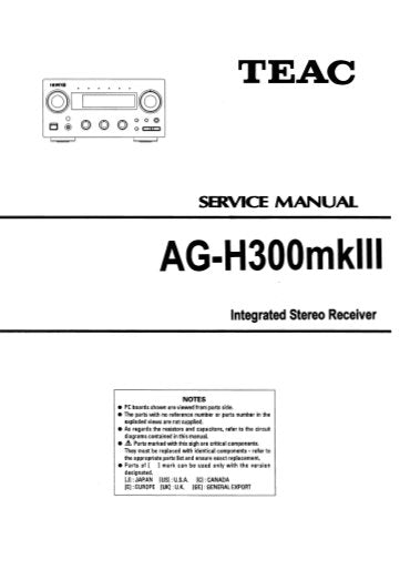 TEAC AG-H300MKIII AM FM INTEGRATED STEREO RECEIVER SERVICE MANUAL INC PCBS SCHEM DIAGS AND PARTS LIST 15 PAGES ENG