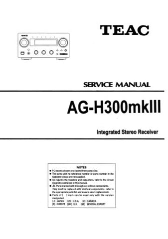 TEAC AG-H300MKIII AM FM INTEGRATED STEREO RECEIVER SERVICE MANUAL INC PCBS SCHEM DIAGS AND PARTS LIST 15 PAGES ENG