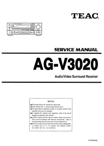 TEAC AG-V3020 AV SURROUND RECEIVER SERVICE MANUAL INC PCBS SCHEM DIAGS AND PARTS LIST 52 PAGES ENG