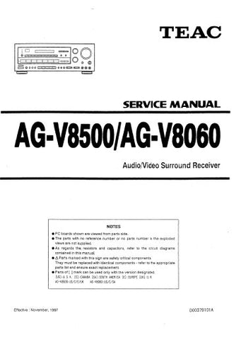 TEAC AG-V8060 AG-V8500 AV SURROUND RECEIVER SERVICE MANUAL INC PCBS SCHEM DIAGS AND PARTS LIST 23 PAGES ENG