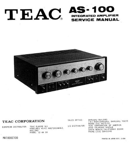 TEAC AS-100 INTEGRATED AMPLIFIER SERVICE MANUAL INC PCBS SCHEM DIAGS AND PARTS LIST 31 PAGES ENG
