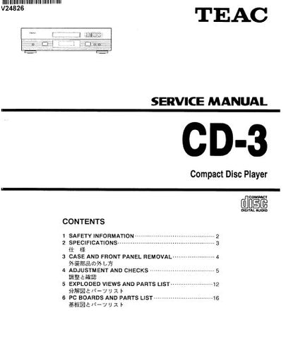 TEAC CD-3 CD PLAYER SERVICE MANUAL INC PCBS SCHEM DIAG AND PARTS LIST 21 PAGES ENG