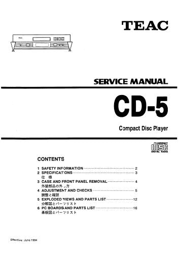TEAC CD-5 CD PLAYER SERVICE MANUAL INC PCBS SCHEM DIAG AND PARTS LIST 23 PAGES ENG