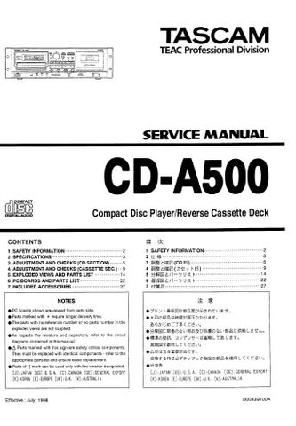 TEAC CD-A500 CD PLAYER REVERSE CASSETTE DECK SERVICE MANUAL INC PCBS SCHEM DIAGS AND PARTS LIST 33 PAGES ENG