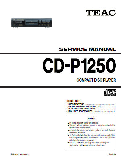 TEAC CD-P1250 CD PLAYER SERVICE MANUAL INC PCBS SCHEM DIAGS AND PARTS LIST 13 PAGES ENG