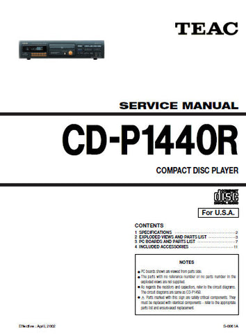 TEAC CD-P1440R CD PLAYER SERVICE MANUAL INC PCBS SCHEM DIAGS AND PARTS LIST 15 PAGES ENG